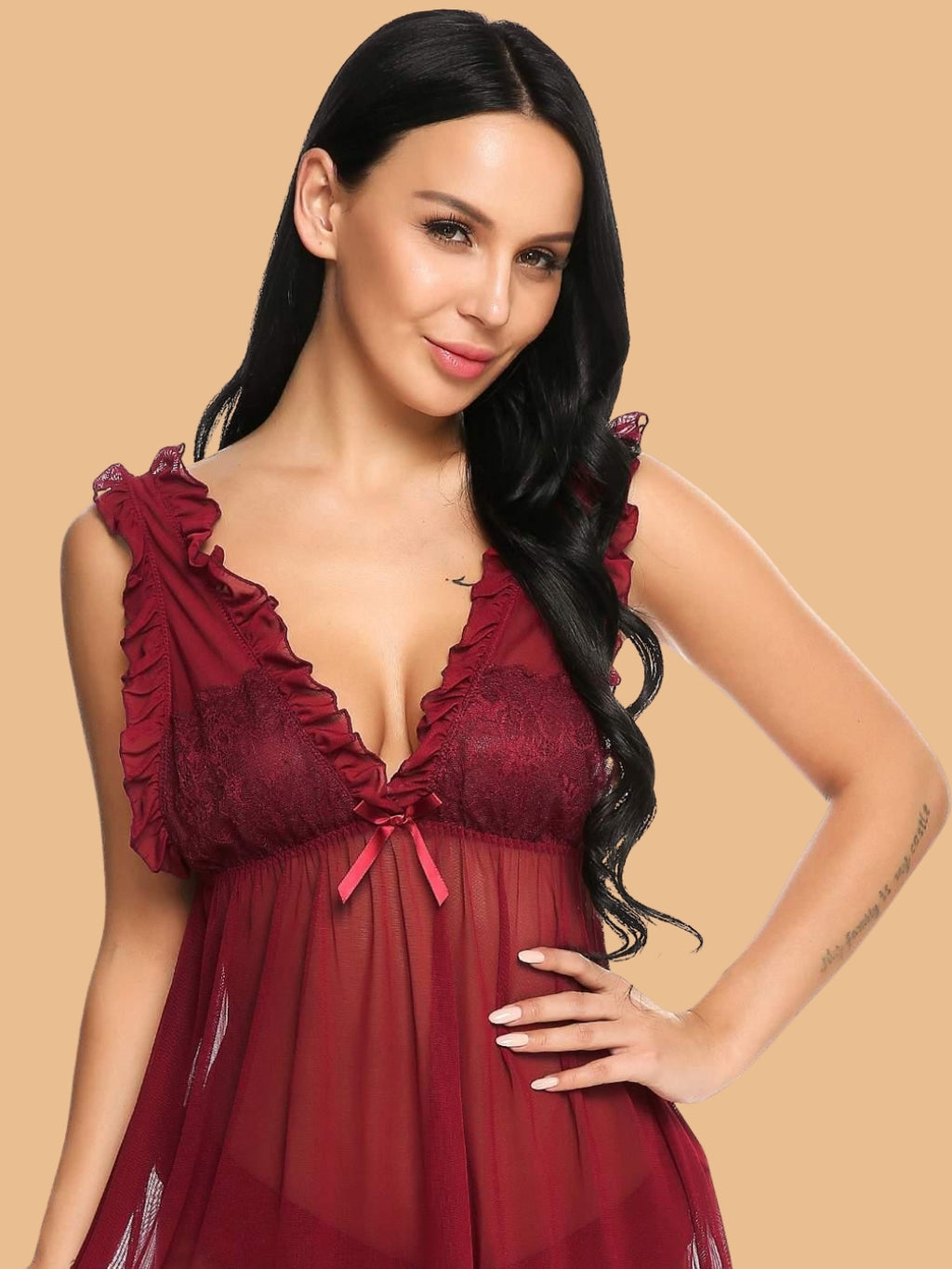 Women's V-Neck Lace Trim Nightdress With G-String