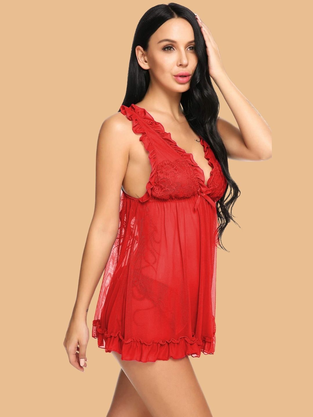 Women's V-Neck Lace Trim Nightdress With G-String