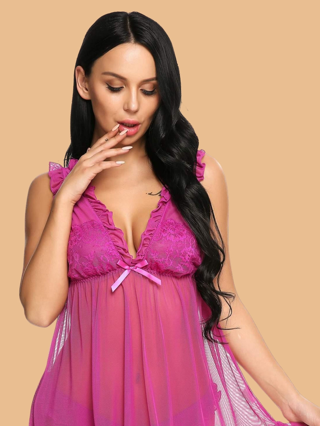 Women's V-Neck Lace Trim Nightdress With G-String