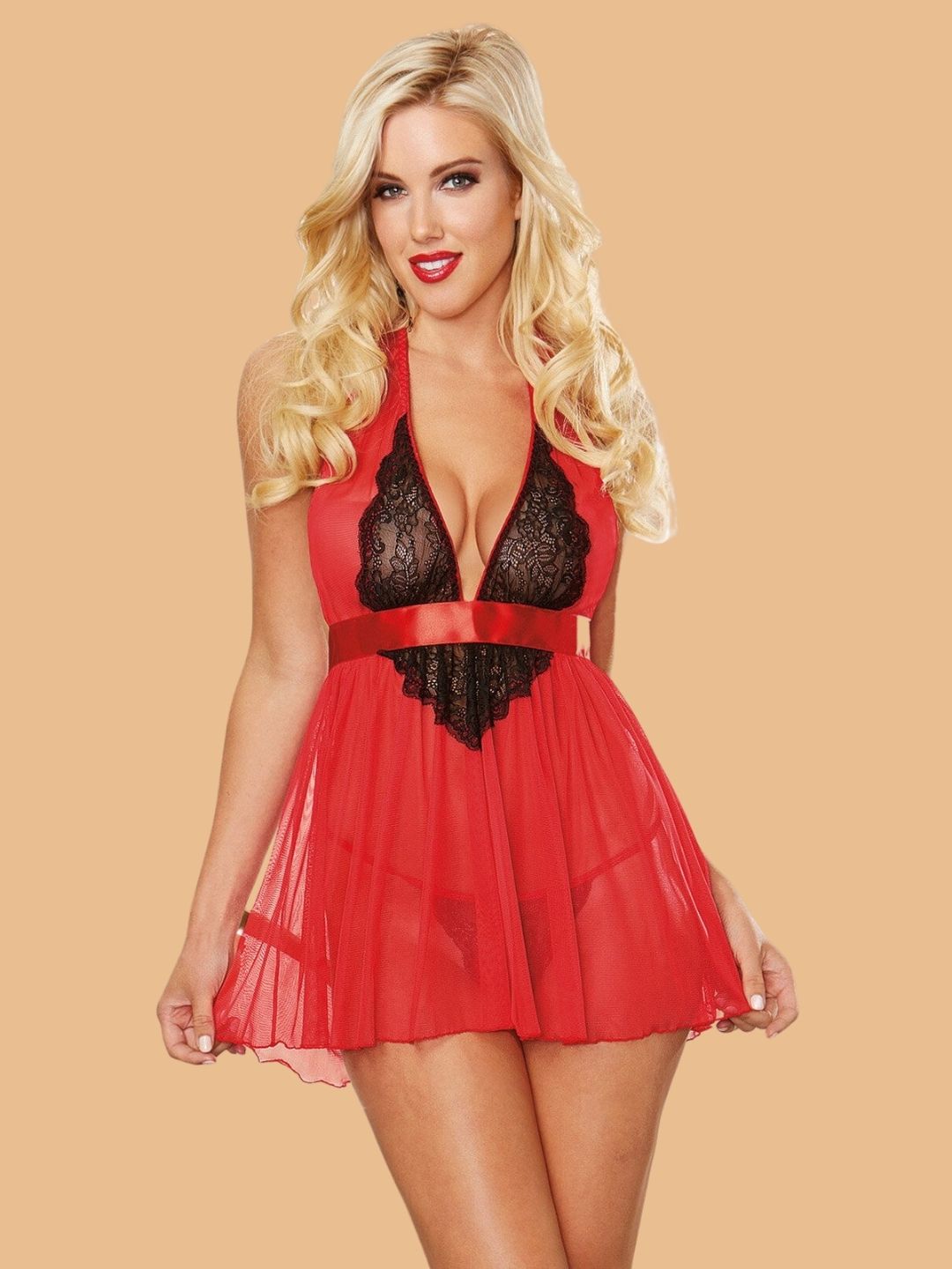 Women's Halter Neck Lace Panel Nightdress With G-String