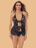 Women's Halter Neck Floral Lace Top With Skirt & G-String - Black