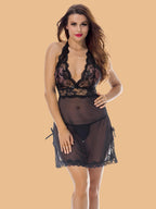 Women's Halter Neck Lace Nightdress With G-String - Black