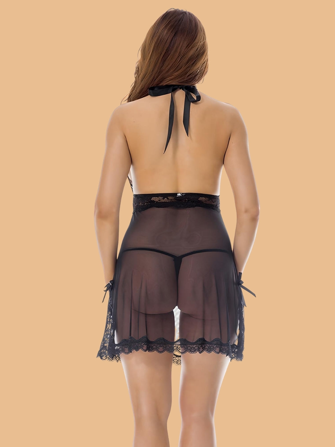 Women's Halter Neck Lace Nightdress With G-String - Black