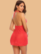 Women's Halter Neck Open-Front Lace Nightdress With G-String