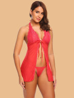 Women's Halter Neck Open-Front Lace Nightdress With G-String