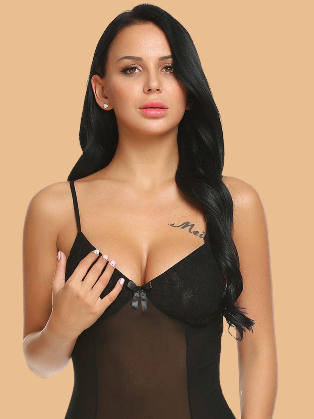 Women's Underwired Mesh Nightdress With Satin Bow & Ruffle Lace Hem