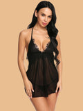 Women's Halter Deep V Neck Lace Nightdress With Open Back