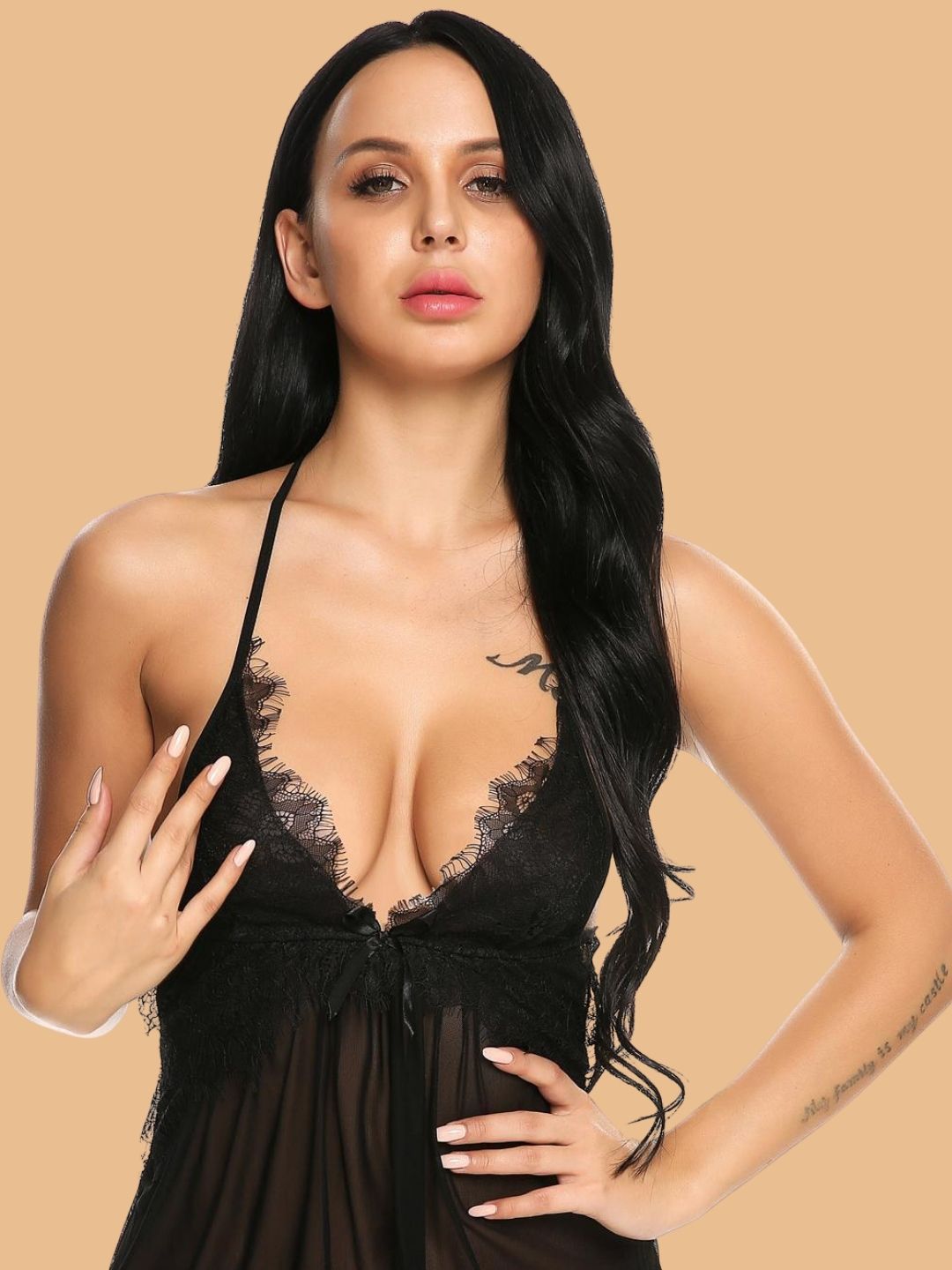Women's Halter Deep V Neck Lace Nightdress With Open Back