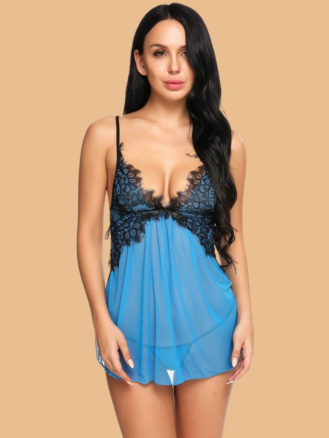 Women's Halter Deep V Neck Lace Nightdress With Open Back
