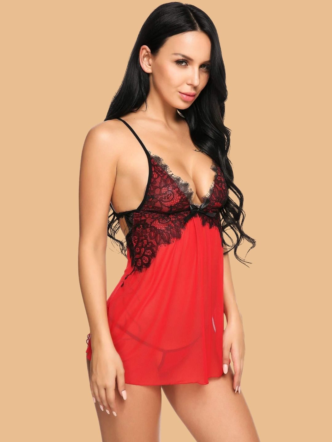 Women's Halter Deep V Neck Lace Nightdress With Open Back