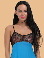 Women's Two-Tone Lace & Mesh Nightdress With Deep V Neck & Asymmetric Hem