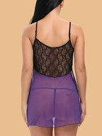 Women's Two-Tone Lace & Mesh Nightdress With Deep V Neck & Asymmetric Hem