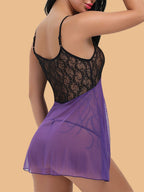 Women's Two-Tone Lace & Mesh Nightdress With Deep V Neck & Asymmetric Hem