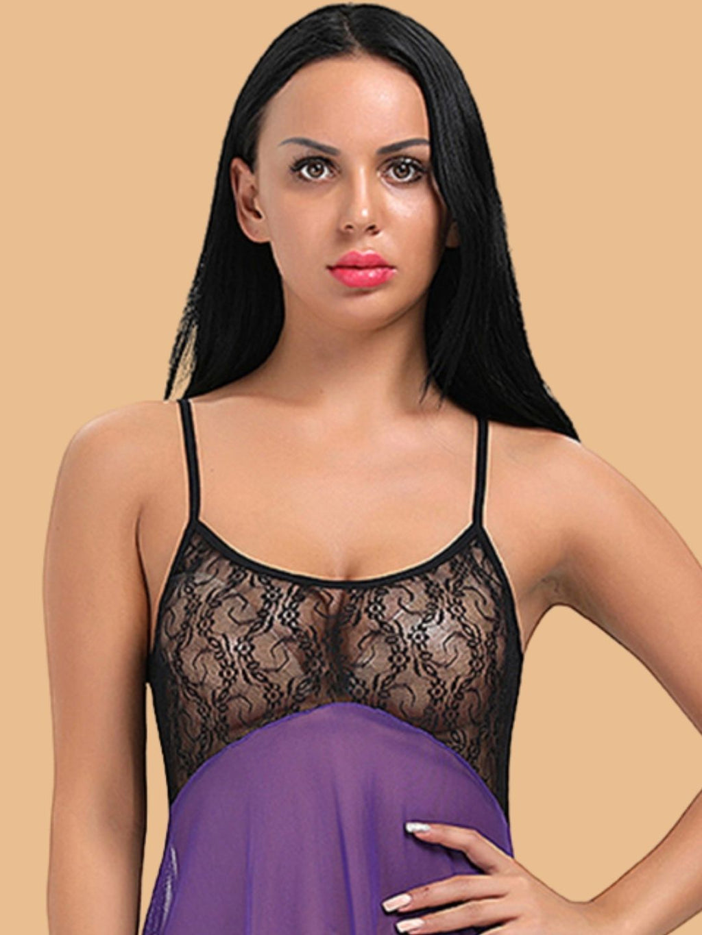 Women's Two-Tone Lace & Mesh Nightdress With Deep V Neck & Asymmetric Hem