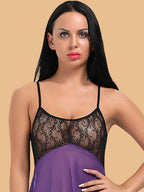 Women's Two-Tone Lace & Mesh Nightdress With Deep V Neck & Asymmetric Hem