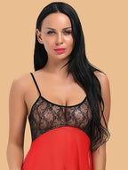 Women's Two-Tone Lace & Mesh Nightdress With Deep V Neck & Asymmetric Hem