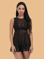 Women's Lace Nightdress With Lace Insert & Satin Hem - Black