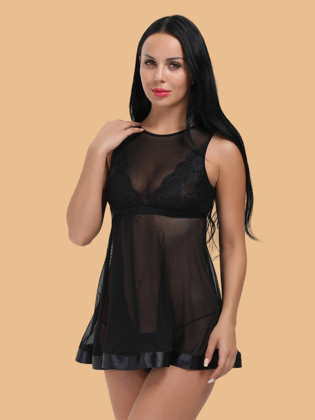 Women's Lace Nightdress With Lace Insert & Satin Hem - Black