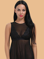 Women's Lace Nightdress With Lace Insert & Satin Hem - Black