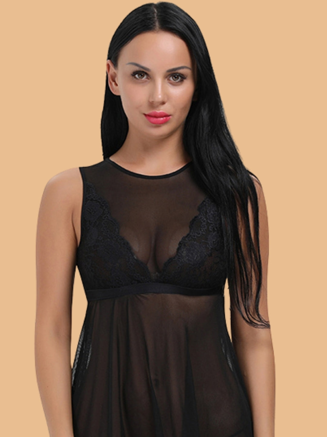 Women's Lace Nightdress With Lace Insert & Satin Hem - Black
