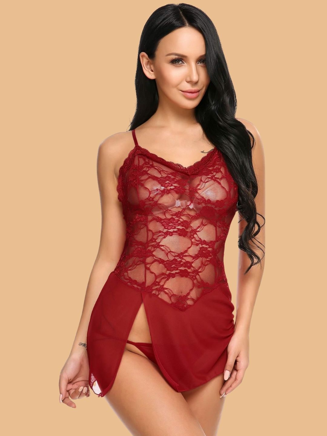 Women's Floral Lace Nightdress With G-String