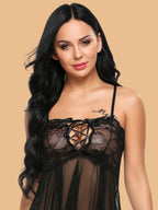 Women's Power Net & Lace Nightdress With Lace-Up Front