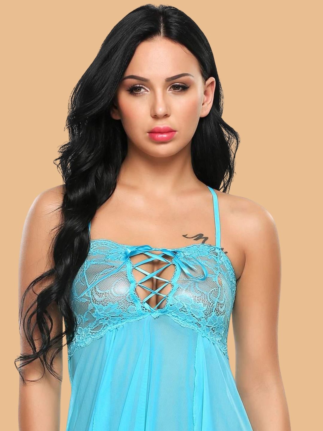 Women's Power Net & Lace Nightdress With Lace-Up Front