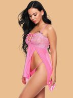 Women's Power Net & Lace Nightdress With Lace-Up Front