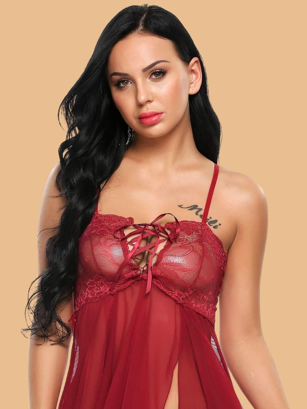 Women's Power Net & Lace Nightdress With Lace-Up Front
