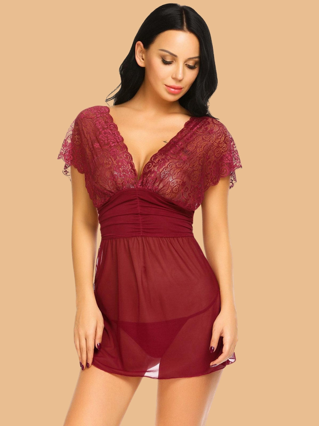 Women's Lace Nightdress With Deep V Neck