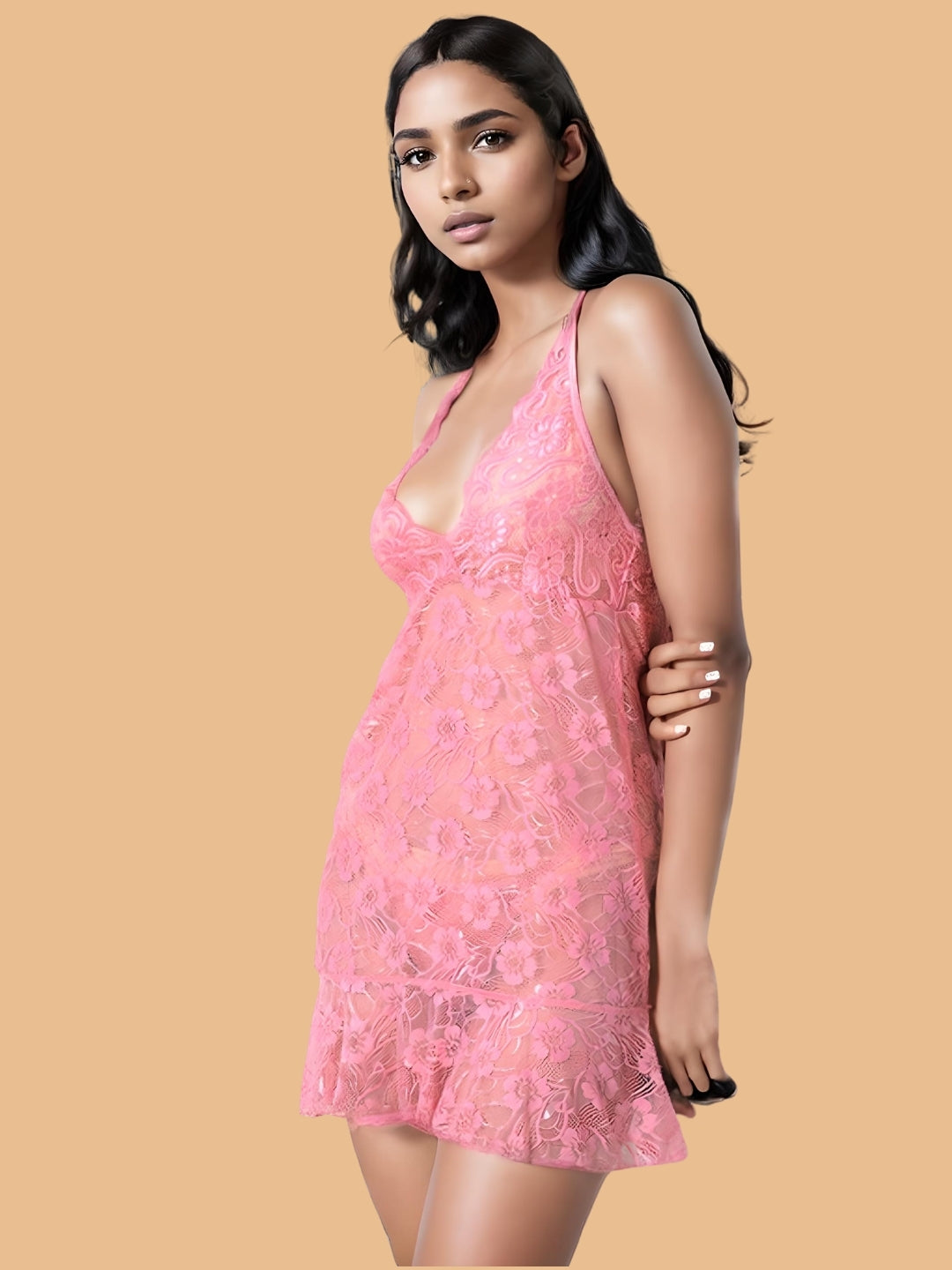 Women's Floral Lace Halter Nightdress - Pink
