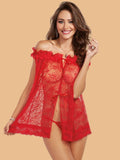 Women's Floral Lace Off Shoulder Nightdress With G String - Red