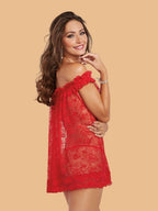 Women's Floral Lace Off Shoulder Nightdress With G String - Red