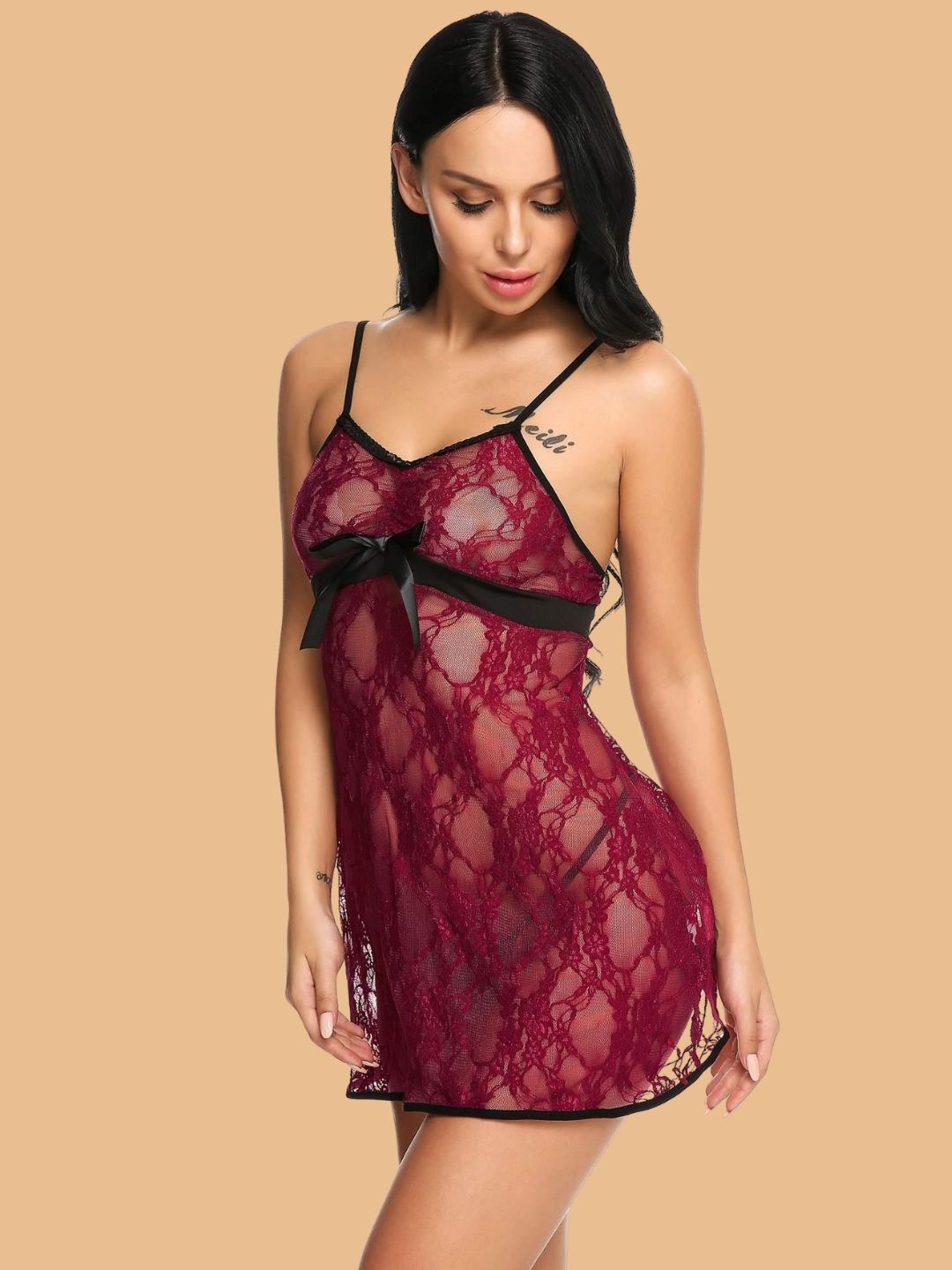 Women's Floral Lace Slip Nightdress With G String