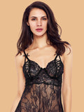 Women's Floral Lace Lace-Up Bodice Nightdress With G String - Black
