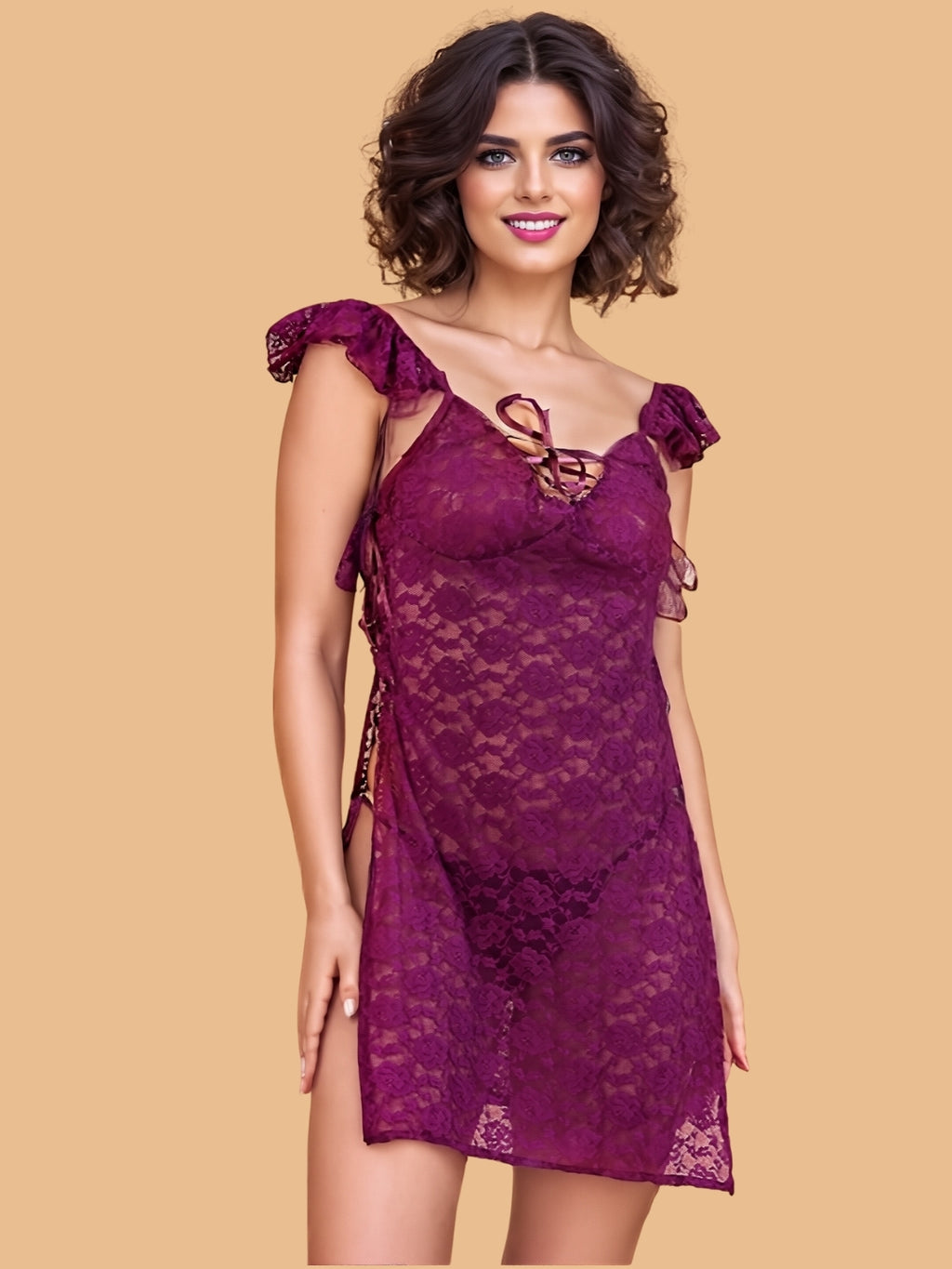 Women's Floral Lace Nightdress With Ruffle Sleeves
