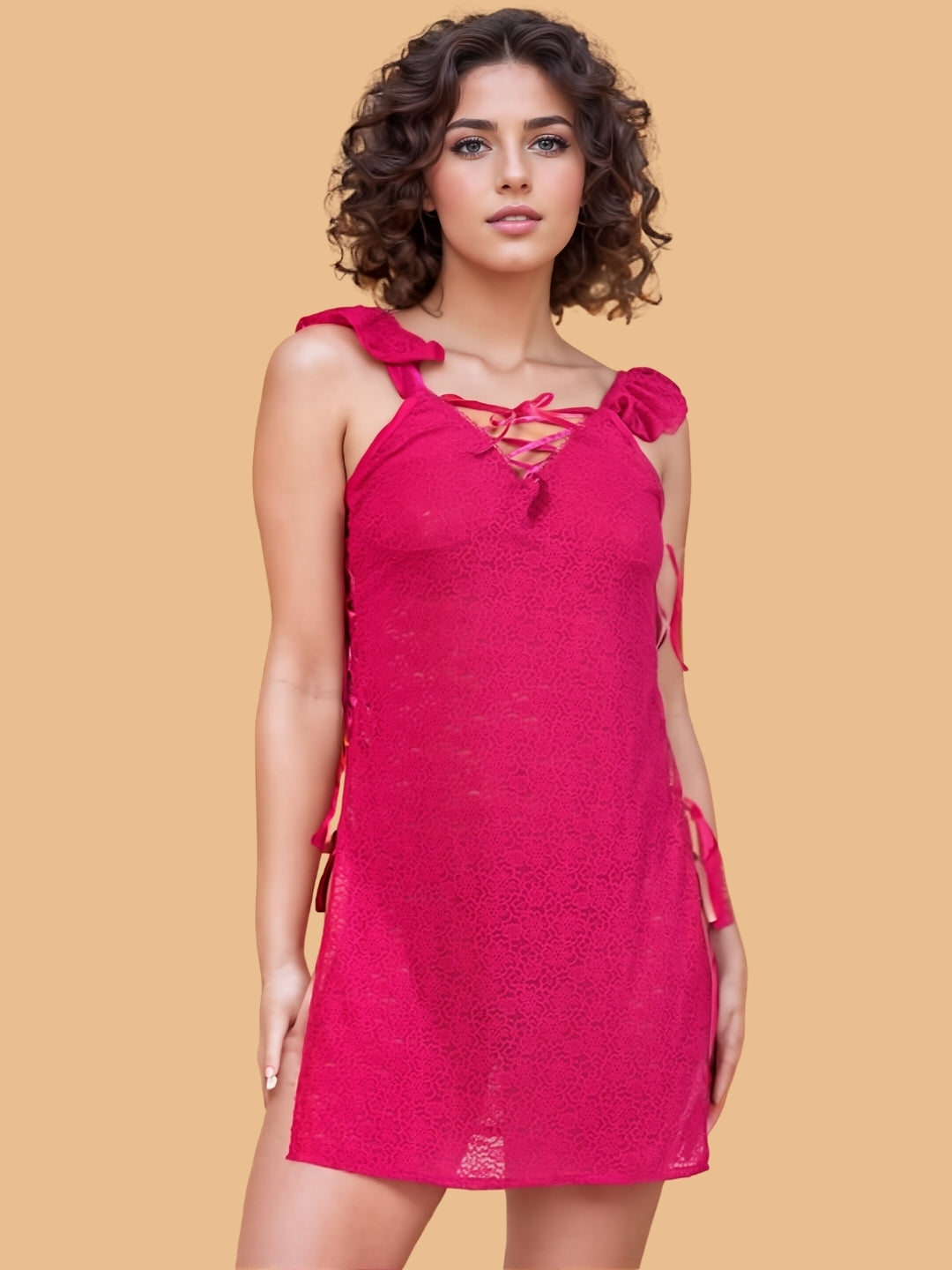 Women's Floral Lace Nightdress With Ruffle Sleeves