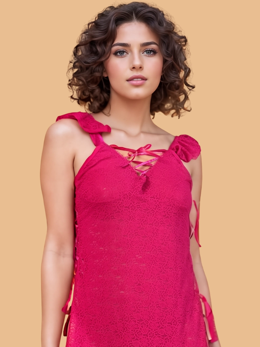 Women's Floral Lace Nightdress With Ruffle Sleeves