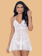 Women's Floral Lace Nightdress With Deep V Neck - White