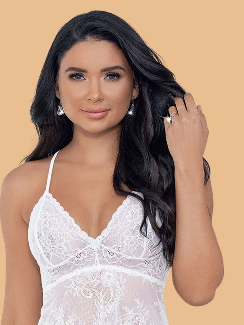 Women's Floral Lace Nightdress With Deep V Neck - White