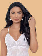 Women's Floral Lace Nightdress With Deep V Neck - White