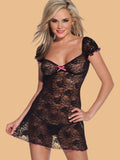 Women's Lace Nightdress With Short Sleeves & Pink Bow - Black