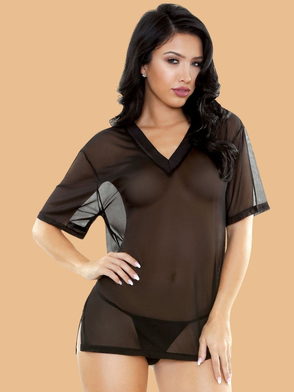 Women's Black V-Neck Sleep Top With Short Sleeves