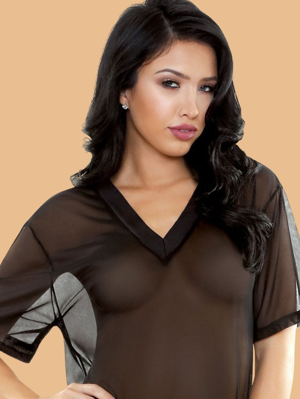 Women's Black V-Neck Sleep Top With Short Sleeves