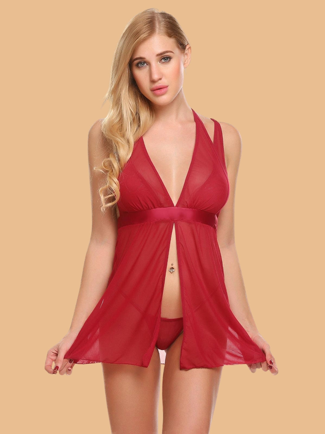 Women's Open Front Nightdress With Satin Waistband