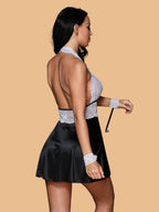Women's White Lace Halter Neck Nightdress With Black Satin Skirt