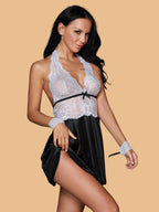 Women's White Lace Halter Neck Nightdress With Black Satin Skirt