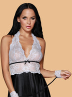 Women's White Lace Halter Neck Nightdress With Black Satin Skirt