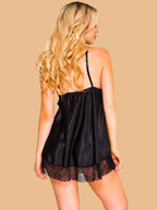 Women's Black Satin Chemise Nightdress With Lace Hem