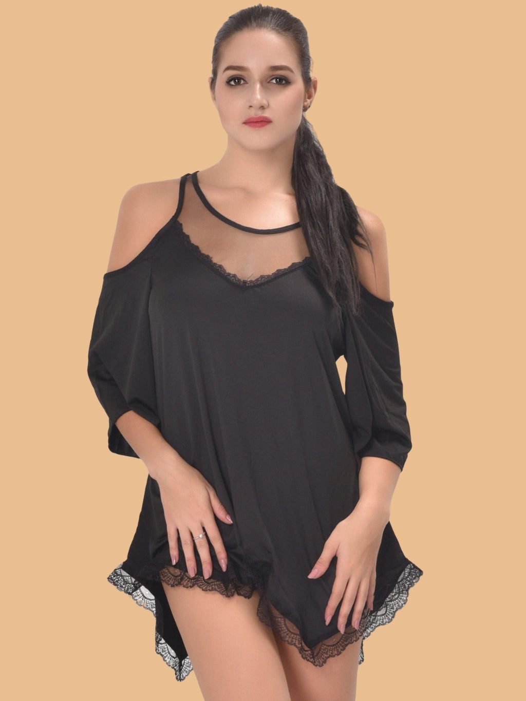 Women's Cold Shoulder Satin Nightdress – Black & Rose Pink